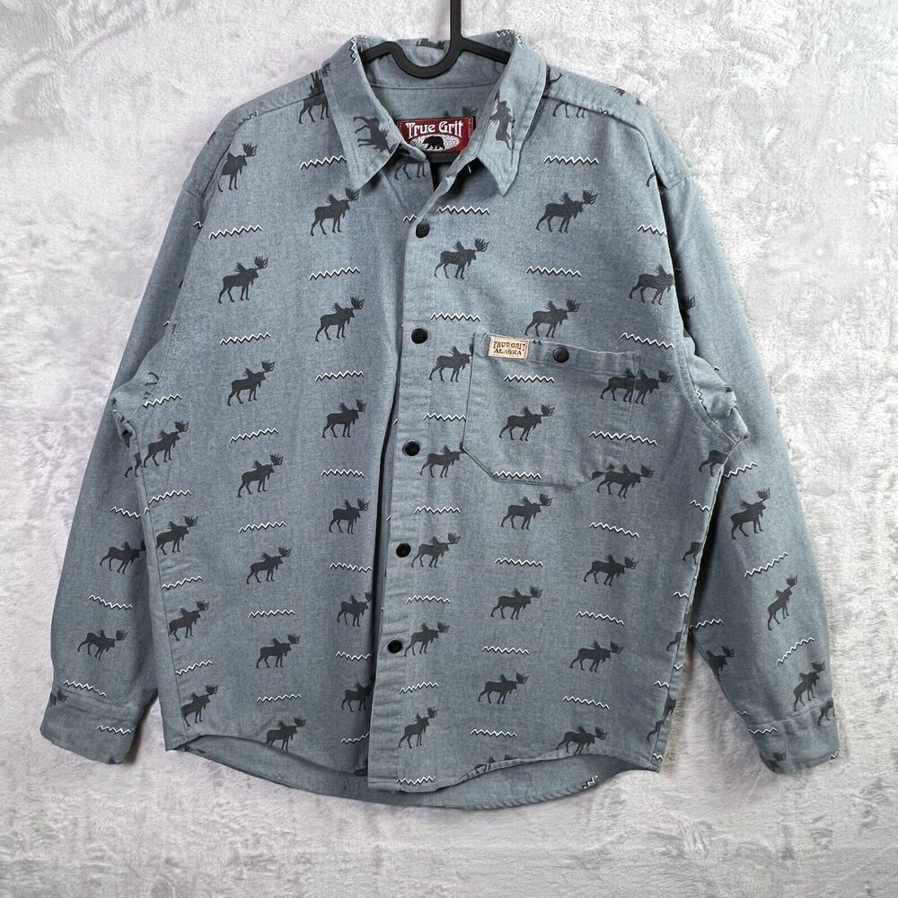 Vintage True Grit Shirt Mens Small Blue Button Up Moose Long‎ Sleeve Outdoor